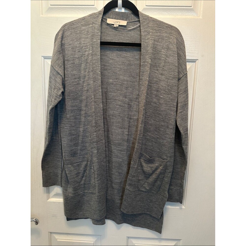 LOFT Gray Open-Front Lightweight Longline Cardigan with Pockets